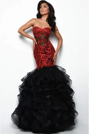 Jasz Couture 7025 Embroidered Sweetheart Ruffled Mermaid Dress