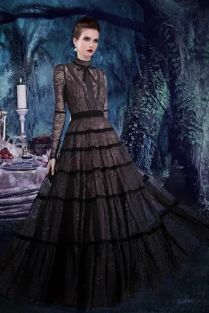 Janique K7031 Long Sleeve High Neck Lace A-Line Gown