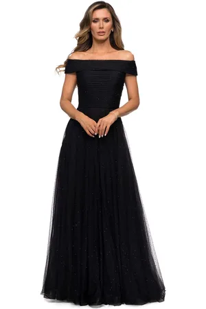 La Femme 28051 Crystal Beaded Tulle Off Shoulder A-Line Gown