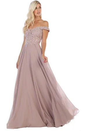 May Queen MQ1602B Floral Appliqued Off-Shoulder Dress