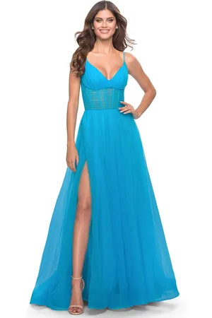 La Femme 31502 - V-Neck Sheer Corset Evening Dress