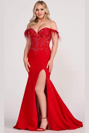 Ellie Wilde EW34028 - Feathered Off Shoulder Mermaid Prom Gown