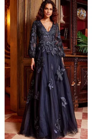 JOVANI Women Evening Dresses - 09943 - Embroidered Deep V-Neck Evening Gown