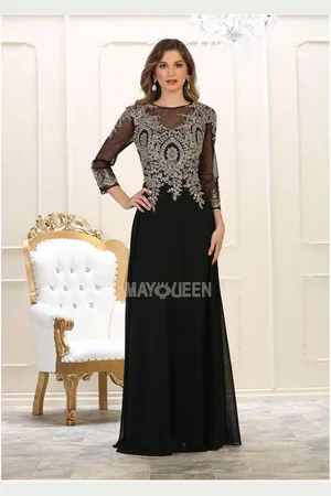 May Queen MQ1549B - Sheer Long Sleeve Long Dress