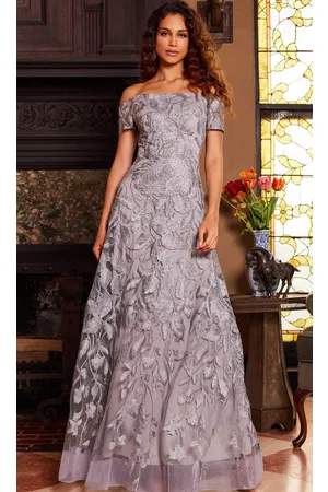 JOVANI Women Evening Dresses - 09810 - Off Shoulder Metallic Lace Evening Gown