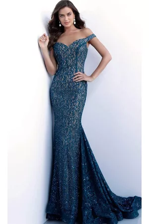 JOVANI Women Dresses - 64521 Lace Off-Shoulder Mermaid Dress With Train