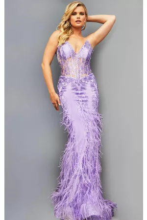JOVANI Women Party Dresses - 08141 Feather Accented Corset Gown