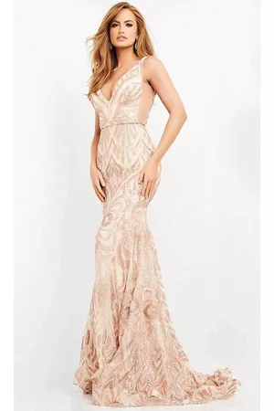 JOVANI Women Party Dresses - 02753 Plunging Neck Open Back Sequin Embellished Mermaid Gown