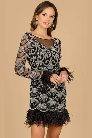 Lara Dresses 29066 - Bateau Feathered Hem Cocktail Dress