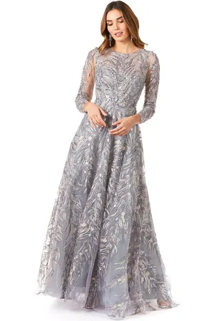Lara Dresses 29353 - Floral Beaded Sheer Bateau Long Sleeved Dress
