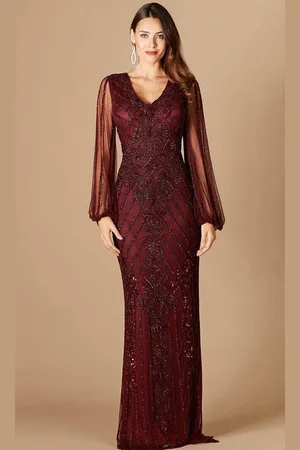 Lara Dresses 29369 - Bishop Sheer Sleeves Beaded Long Dress