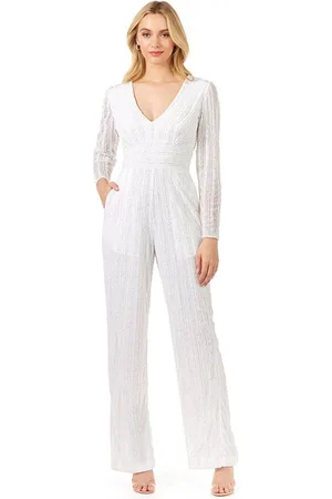 Lara Dresses 51108 - Empire V Neck Sheer Long Sleeved Jumpsuit