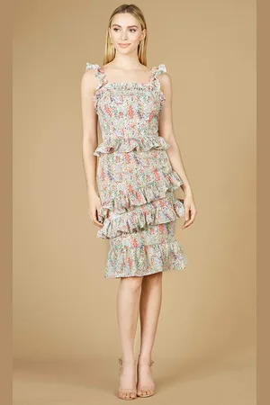 Lara Dresses 29272 - Sheath Ruffled Printed Midi Dress