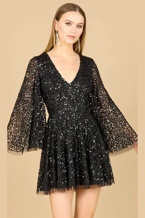Lara Dresses 29178 - Sequin Embellished Bell Sleeve Cocktail Dress