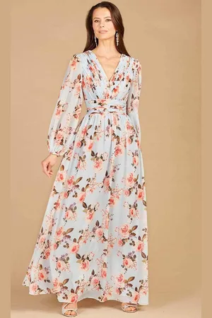 Lara Dresses 29248 - V-Neck Printed Long Sleeve Dress