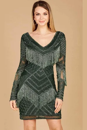 Lara Dresses 29355 - long Sleeve Beaded Fringe Cocktail Dress