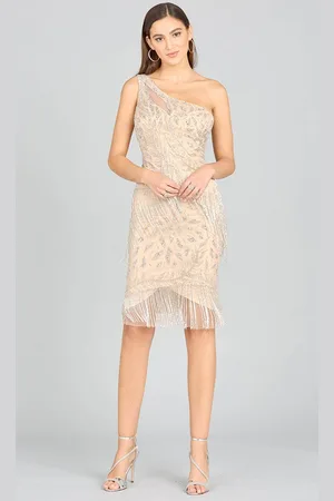 Lara Dresses 29140 - One-Sleeve Bead Fringe Embellished Dress