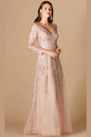 Lara Dresses 29326 - Floral Laced Plunging V Neck Long Sleeve Gown