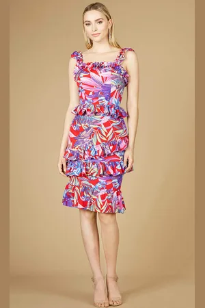 Lara Dresses 29267 - Square Neck Printed Ruffle Midi Dress
