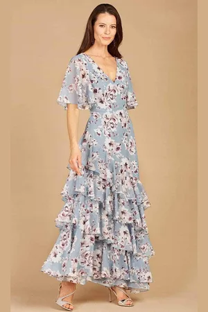 Lara Dresses 29246 - V-Neck Ruffled Printed Long Dress