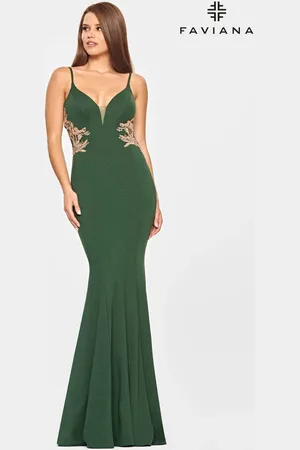 FAVIANA S10668 V Neck Side Detailed Long Gown