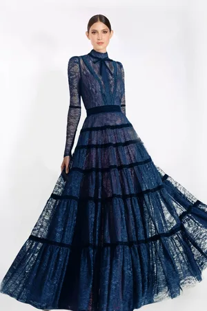 Janique K7031 Long Sleeve High Neck Lace A-Line Gown