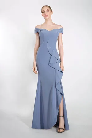 Janique K6876 Off Shoulder Ruffle Slit Trumpet Gown