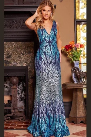 JOVANI 25687 - Deep V-Neck Sheer Sides Classic Prom Gown