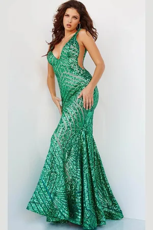 JOVANI 24097 - V-Neck Geometric Sequin Prom Dress