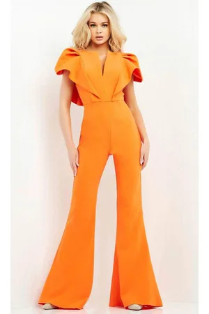 JOVANI 00762 Ruffle Angel Sleeved Split Neckline Jumpsuit