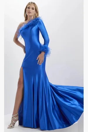 Panoply 14139 - Feathered Asymmetric Neck Evening Gown