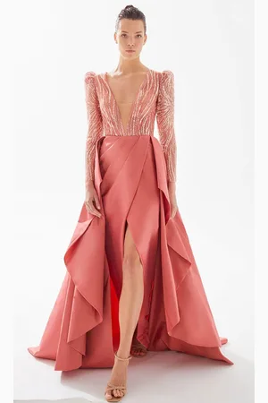 TARIK EDIZ 98311 - Sequined Sleeves A-line Mother of the Groom Dress