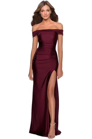 La Femme - 28389 Off-Shoulder Ruched Modest Prom Jersey Dress – Couture  Candy