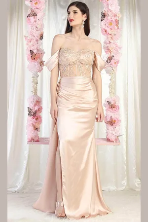 May Queen MQ1977 - Slit Satin Off Shoulder Dress