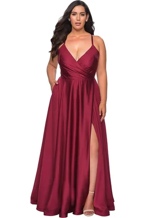 La Femme 29033 Plunging V-neck Satin A-line Simple Prom Gown