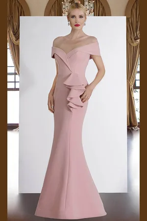 Janique 1936 Off Shoulder Ruffled Accent Mermaid Gown in