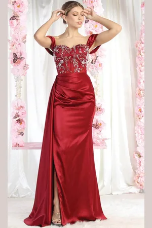 May Queen MQ1977 - Slit Satin Off Shoulder Dress