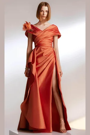 TARIK EDIZ 98221 - Feather Ornate Overskirt Evening Gown