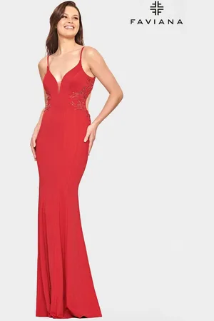FAVIANA S10668 V Neck Side Detailed Long Gown