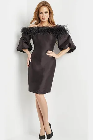 JOVANI 08211 - Off Shoulder Feather Detailed Prom Dress