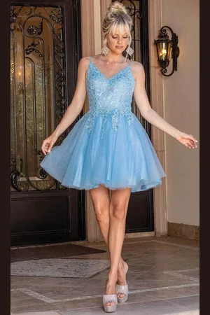 Dancing Queen 3303 - Embroidered V-Neck Tulle Cocktail Dress