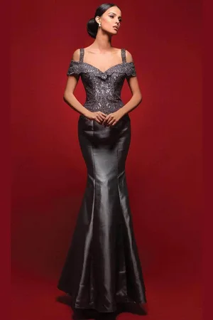 Clarisse M6420 Beaded Lace V-neck Mikado Mermaid Dress