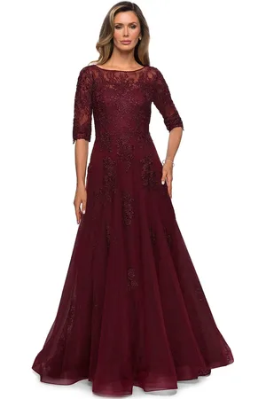 La Femme 28036 Quarter Length Sleeve Floral Lace A-Line Gown