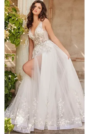 Jovani Bridal JB06507 Sheer Off the Shoulder Wedding Dress Jumpsuit  Overskirt Beaded Bridal