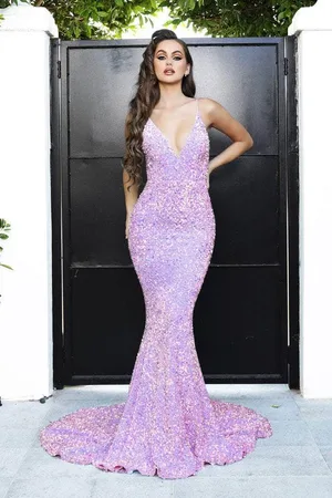 Portia and Scarlett PS21235 V Neck Open Back Bedazzled Dress