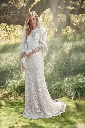 Tadashi Shoji Long Sleeve Embroidered Bateau Wedding Dress