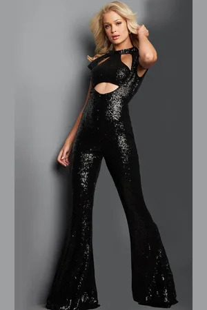 JOVANI 22841 - Sequined High Neck Cutout Jumpsuit