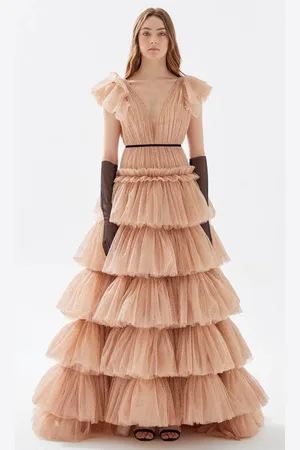 TARIK EDIZ 52035 - Allover Tulle Beaded Tiered Dress