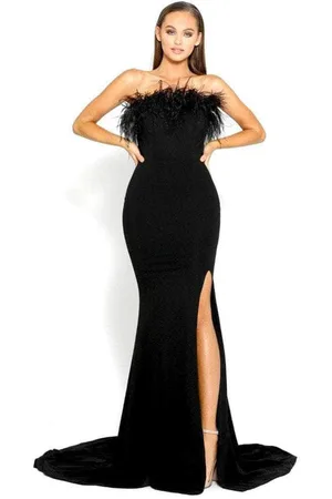 Portia and Scarlett PS2026 - Feather Trimmed Prom Dress with Slit