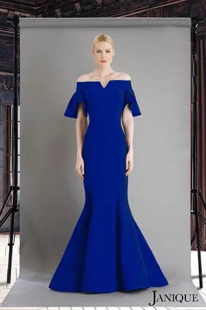 Janique 1941 Notched Off Shoulder Ruffle Sleeve Evening Gown